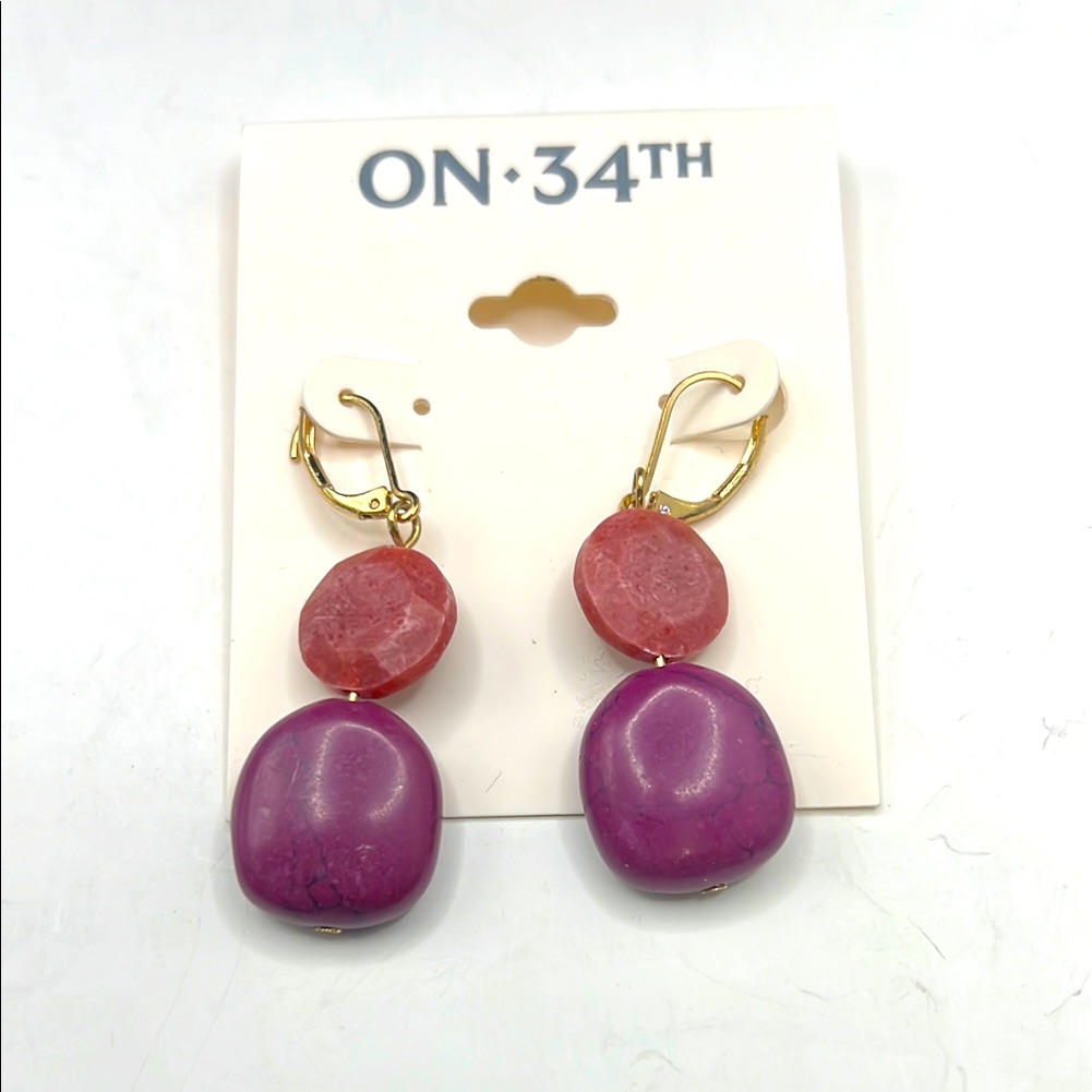 On 34th Pink And Purple Drop Earrings, Nwt